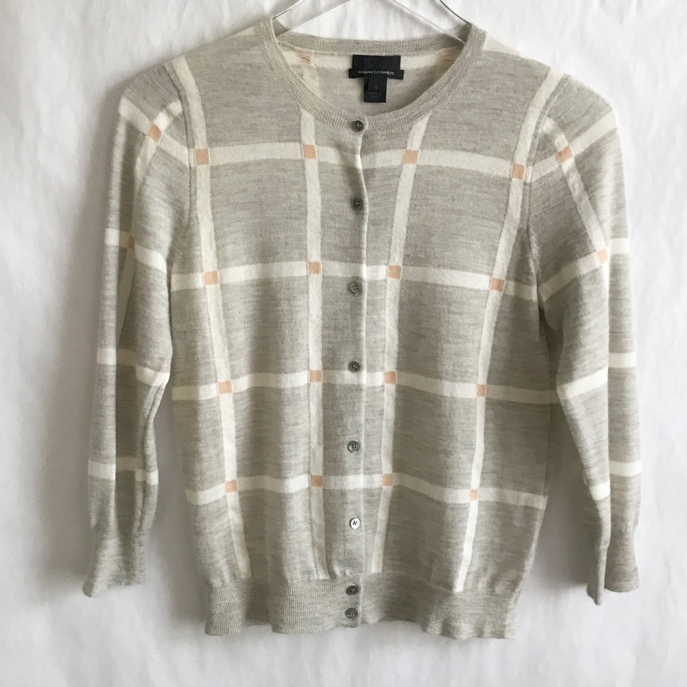 J Crew Featherweight Cashmere Cardigan Size S Gray Cream 3/4 Sleeve Italian